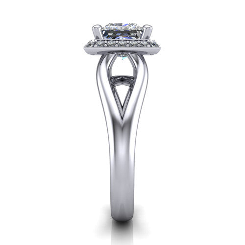 Daleyza princess-cut halo engagement ring in 18K White Gold, side profile showing the polished split shank, pave halo, and open gallery profile