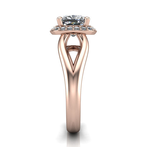 Daleyza cushion halo engagement ring in 18K Rose Gold, side profile showing the polished split shank, pave halo, and open gallery profile