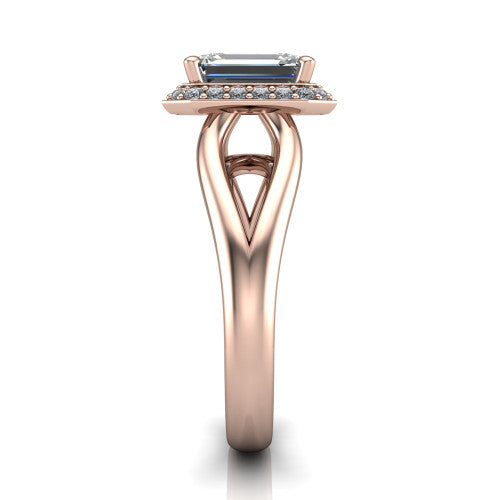 Daleyza emerald-cut halo engagement ring in 14K Rose Gold, side profile showing the polished split shank, pave halo, and open gallery profile