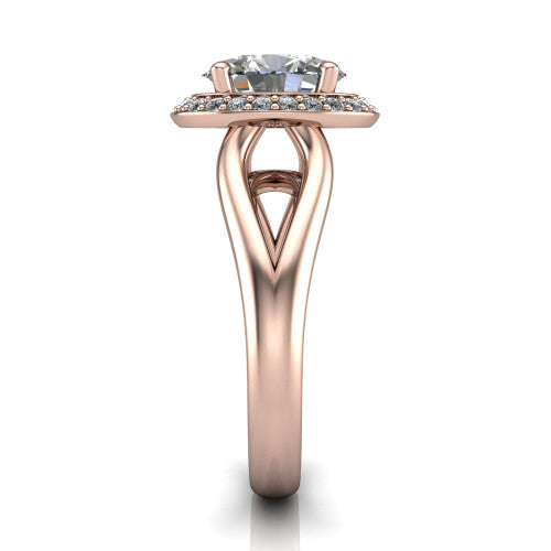 Daleyza oval halo engagement ring in 14K Rose Gold, side profile showing the polished split shank, pave halo, and open gallery profile