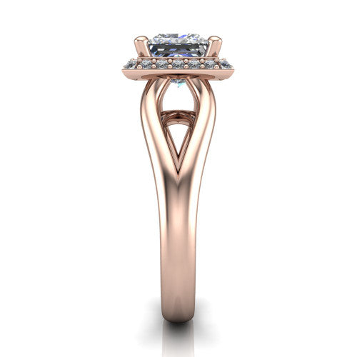 Daleyza princess-cut halo engagement ring in 14K Rose Gold, side profile showing the polished split shank, pave halo, and open gallery profile