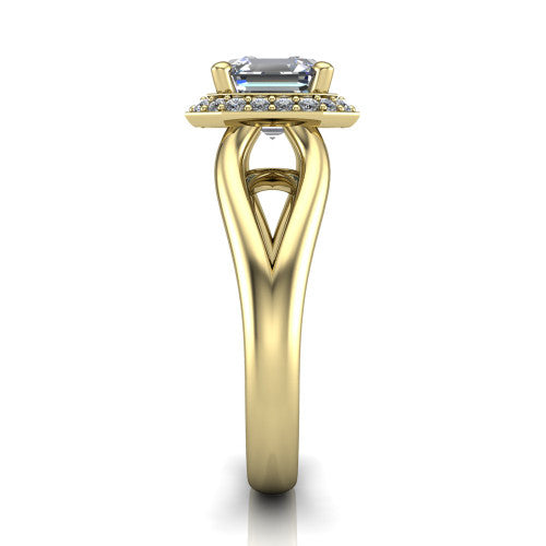 Daleyza square emerald-cut halo engagement ring in 18K Yellow Gold, side profile showing the polished split shank, pave halo, and open gallery profile