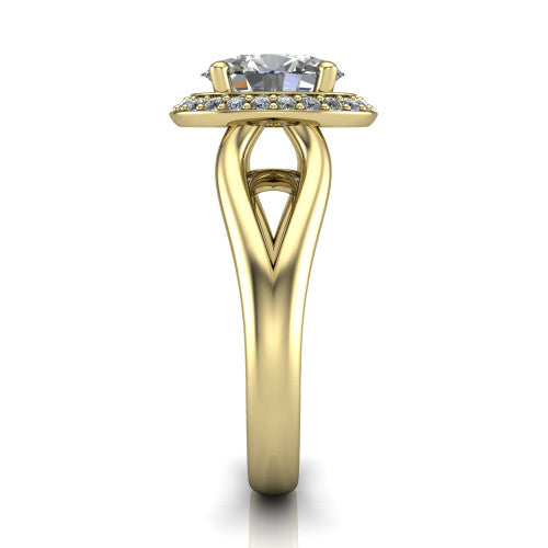 Daleyza oval halo engagement ring in 14K Yellow Gold, side profile showing the polished split shank, pave halo, and open gallery profile