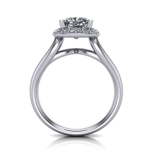 Daleyza cushion halo engagement ring in Platinum, through-finger front profile showing the split-shank band and open under-gallery