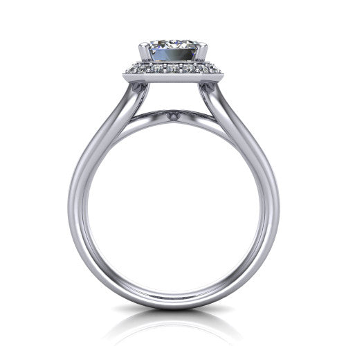 Daleyza emerald-cut halo engagement ring in 14K White Gold, through-finger front profile showing the split-shank band and open under-gallery