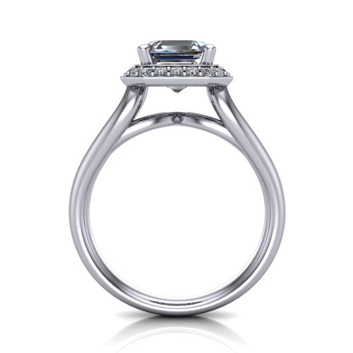 Daleyza square emerald-cut halo engagement ring in 18K White Gold, through-finger front profile showing the split-shank band and open under-gallery