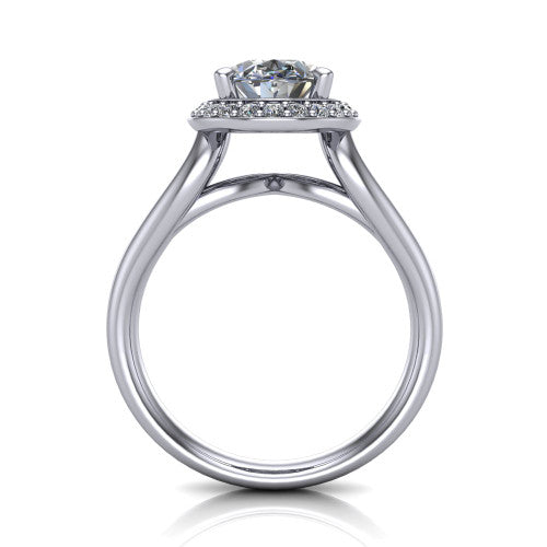 Daleyza oval halo engagement ring in 14K White Gold, through-finger front profile showing the split-shank band and open under-gallery