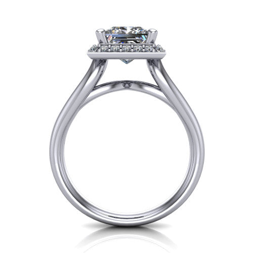 Daleyza princess-cut halo engagement ring in Platinum, through-finger front profile showing the split-shank band and open under-gallery