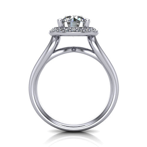 Daleyza round halo engagement ring in 14K White Gold, through-finger front profile showing the split-shank band and open under-gallery