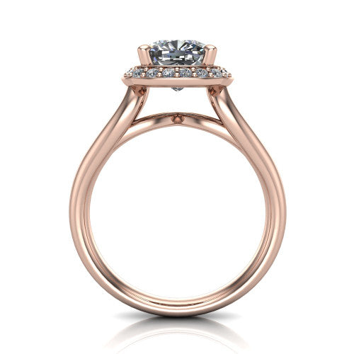 Daleyza cushion halo engagement ring in 14K Rose Gold, through-finger front profile showing the split-shank band and open under-gallery