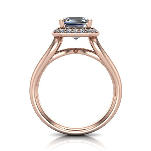 Daleyza square emerald-cut halo engagement ring in 14K Rose Gold, through-finger front profile showing the split-shank band and open under-gallery