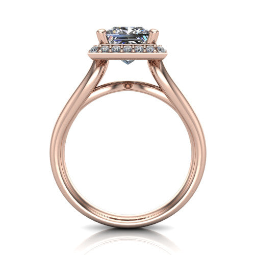 Daleyza princess-cut halo engagement ring in 14K Rose Gold, through-finger front profile showing the split-shank band and open under-gallery