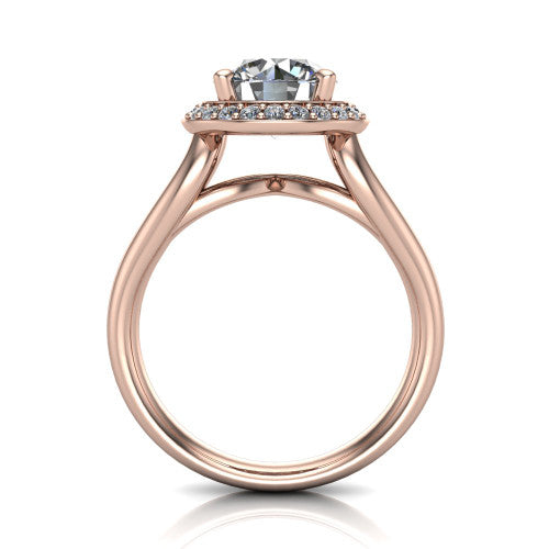 Daleyza round halo engagement ring in 14K Rose Gold, through-finger front profile showing the split-shank band and open under-gallery
