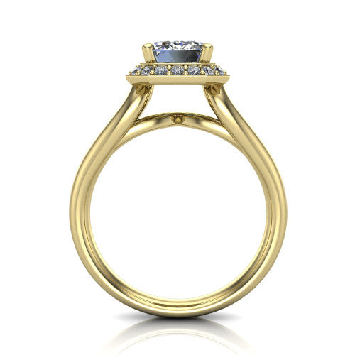 Daleyza emerald-cut halo engagement ring in 14K Yellow Gold, through-finger front profile showing the split-shank band and open under-gallery