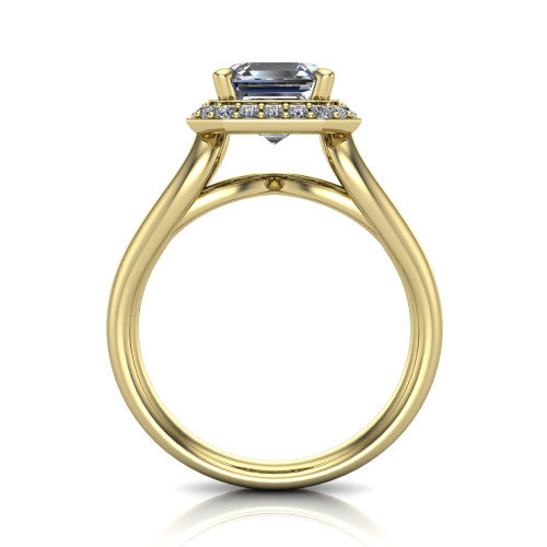 Daleyza square emerald-cut halo engagement ring in 18K Yellow Gold, through-finger front profile showing the split-shank band and open under-gallery