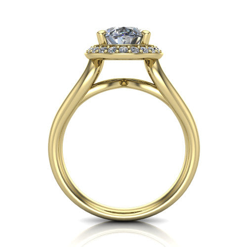 Daleyza oval halo engagement ring in 14K Yellow Gold, through-finger front profile showing the split-shank band and open under-gallery