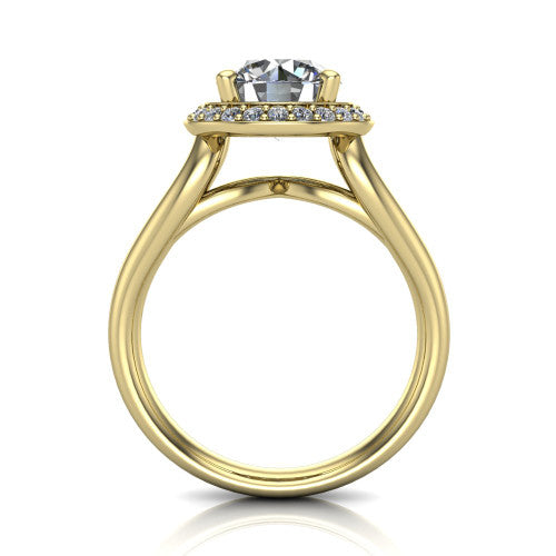 Daleyza round halo engagement ring in 18K Yellow Gold, through-finger front profile showing the split-shank band and open under-gallery