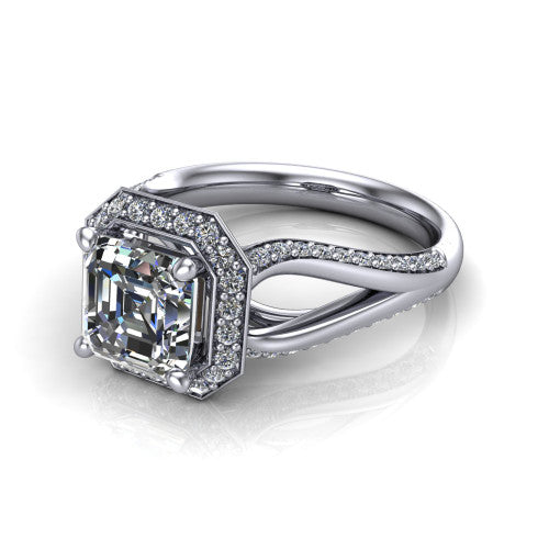 Sylvie Square Emerald Shape Halo Engagement Ring in Platinum