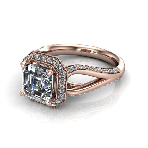 Sylvie Square Emerald Shape Halo Engagement Ring in 14K Rose Gold