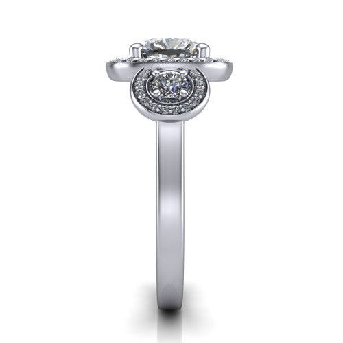Colette cushion three-stone halo engagement ring in 14K White Gold, side profile showing the three pave halos and polished band in profile