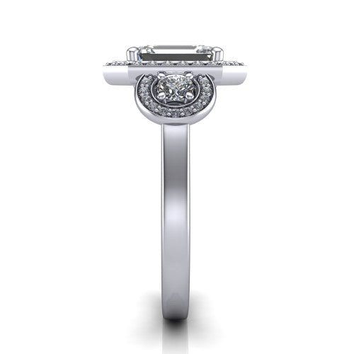 Colette emerald-cut three-stone halo engagement ring in 18K White Gold, side profile showing the three pave halos and polished band in profile