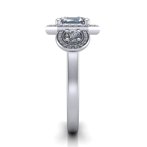 Colette square emerald-cut three-stone halo engagement ring in 14K White Gold, side profile showing the three pave halos and polished band in profile
