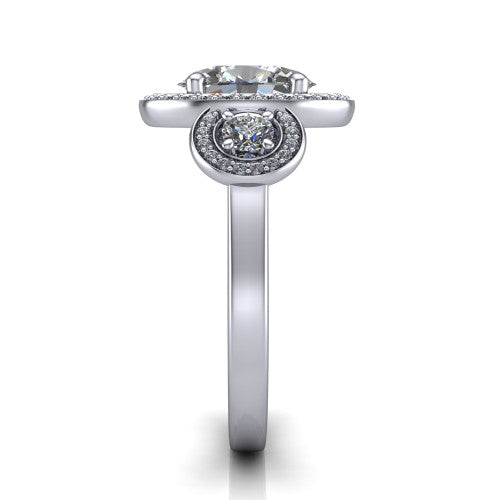 Colette oval three-stone halo engagement ring in 14K White Gold, side profile showing the three pave halos and polished band in profile
