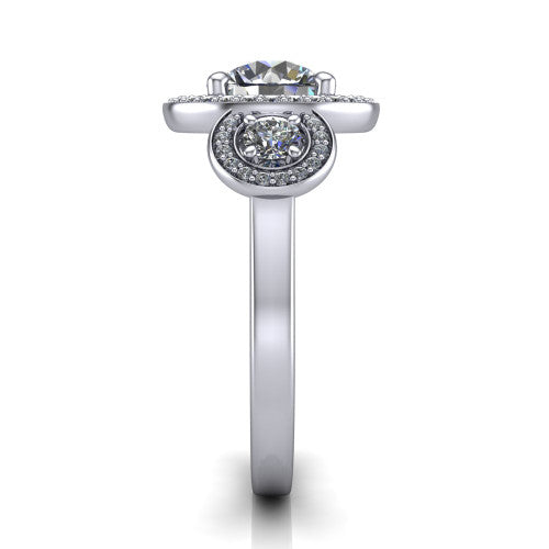 Colette round three-stone halo engagement ring in 18K White Gold, side profile showing the three pave halos and polished band in profile