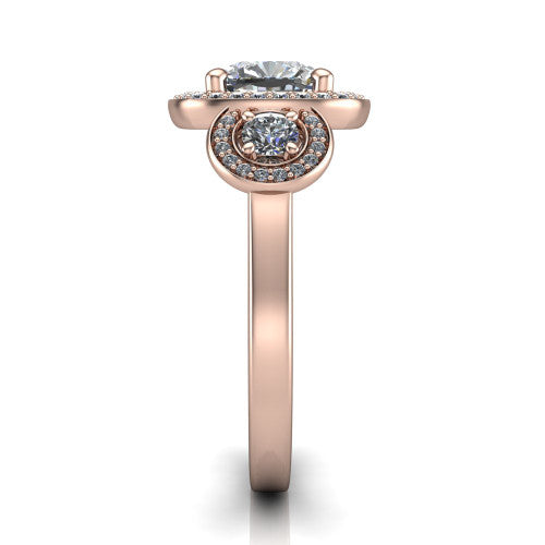 Colette cushion three-stone halo engagement ring in 18K Rose Gold, side profile showing the three pave halos and polished band in profile