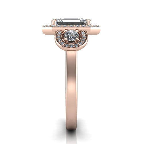 Colette emerald-cut three-stone halo engagement ring in 14K Rose Gold, side profile showing the three pave halos and polished band in profile