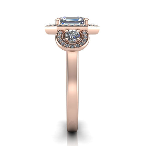 Colette square emerald-cut three-stone halo engagement ring in 18K Rose Gold, side profile showing the three pave halos and polished band in profile