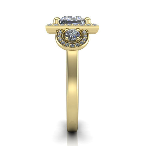 Colette princess-cut three-stone halo engagement ring in 18K Yellow Gold, side profile showing the three pave halos and polished band in profile