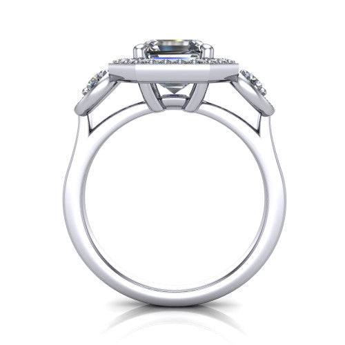 Colette square emerald-cut three-stone halo engagement ring in Platinum, through-finger front profile showing the haloed stones and open under-gallery from the front