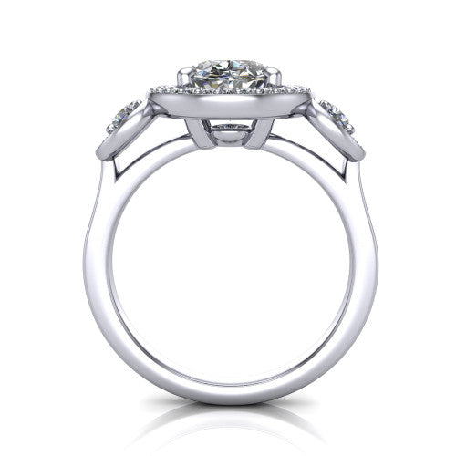 Colette oval three-stone halo engagement ring in Platinum, through-finger front profile showing the haloed stones and open under-gallery from the front