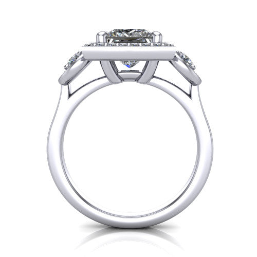 Colette princess-cut three-stone halo engagement ring in 18K White Gold, through-finger front profile showing the haloed stones and open under-gallery from the front