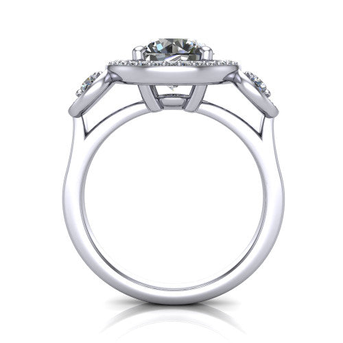 Colette round three-stone halo engagement ring in 18K White Gold, through-finger front profile showing the haloed stones and open under-gallery from the front
