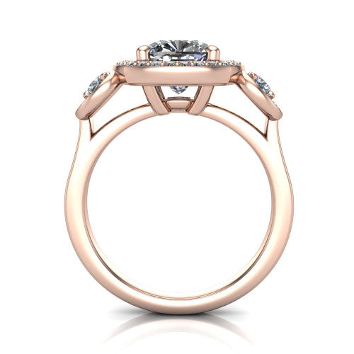 Colette cushion three-stone halo engagement ring in 14K Rose Gold, through-finger front profile showing the haloed stones and open under-gallery from the front