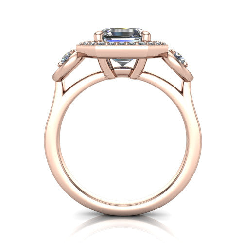 Colette square emerald-cut three-stone halo engagement ring in 18K Rose Gold, through-finger front profile showing the haloed stones and open under-gallery from the front