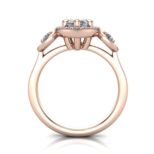 Colette marquise three-stone halo engagement ring in 14K Rose Gold, through-finger front profile showing the haloed stones and open under-gallery from the front