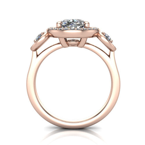 Colette oval three-stone halo engagement ring in 14K Rose Gold, through-finger front profile showing the haloed stones and open under-gallery from the front