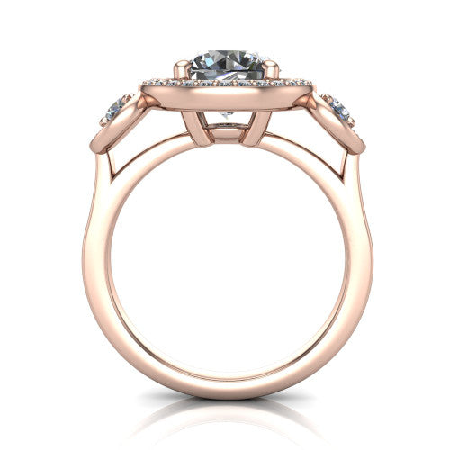 Colette round three-stone halo engagement ring in 14K Rose Gold, through-finger front profile showing the haloed stones and open under-gallery from the front