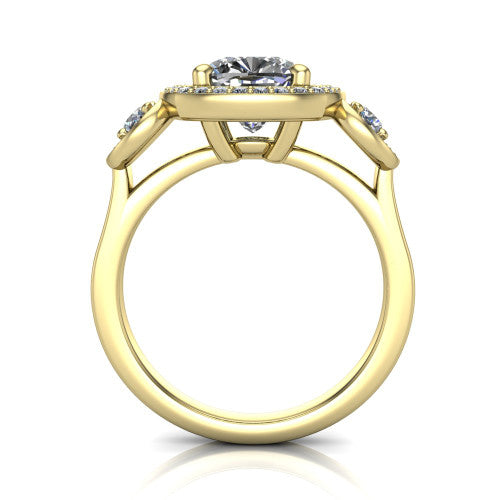 Colette cushion three-stone halo engagement ring in 14K Yellow Gold, through-finger front profile showing the haloed stones and open under-gallery from the front