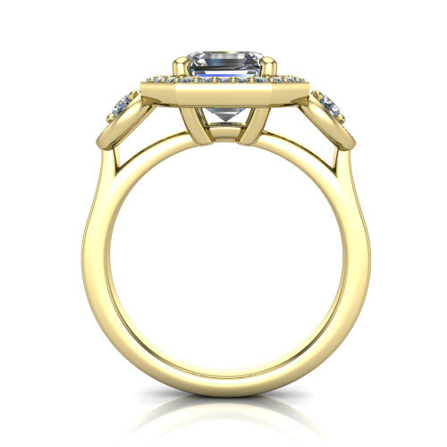 Colette square emerald-cut three-stone halo engagement ring in 14K Yellow Gold, through-finger front profile showing the haloed stones and open under-gallery from the front