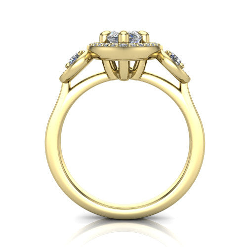 Colette marquise three-stone halo engagement ring in 14K Yellow Gold, through-finger front profile showing the haloed stones and open under-gallery from the front