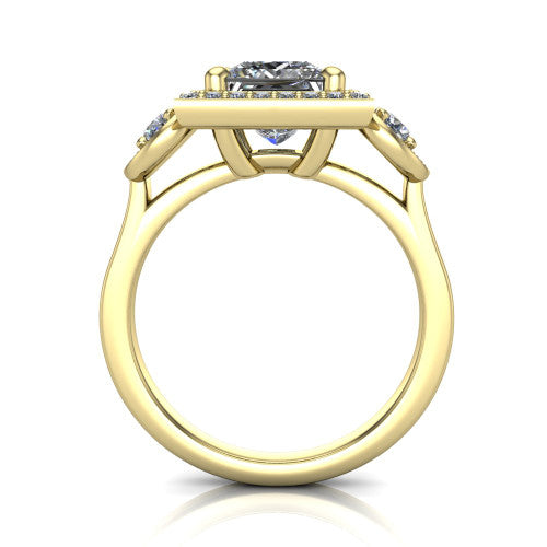 Colette princess-cut three-stone halo engagement ring in 18K Yellow Gold, through-finger front profile showing the haloed stones and open under-gallery from the front