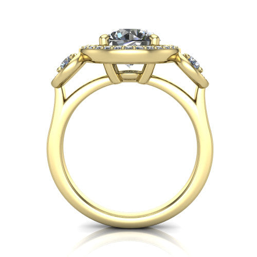 Colette round three-stone halo engagement ring in 14K Yellow Gold, through-finger front profile showing the haloed stones and open under-gallery from the front