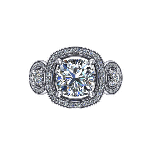 Colette cushion three-stone halo engagement ring in 14K White Gold, top-down view showing the cushion center halo flanked by two round side halos