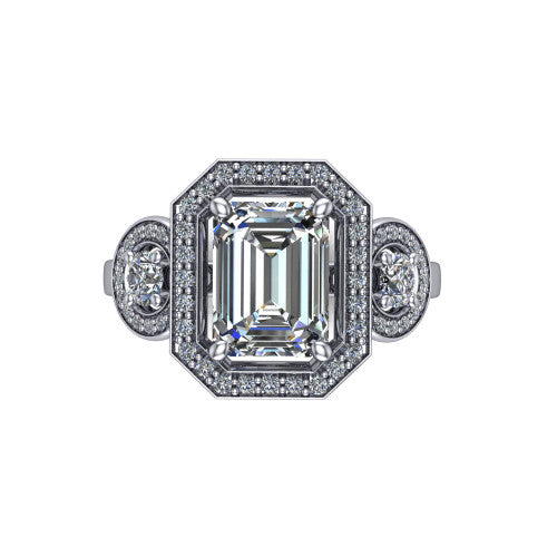 Colette emerald-cut three-stone halo engagement ring in 18K White Gold, top-down view showing the emerald-cut center halo flanked by two round side halos