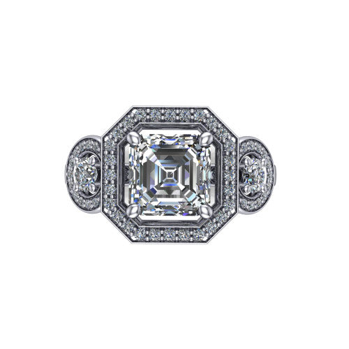Colette square emerald-cut three-stone halo engagement ring in Platinum, top-down view showing the square emerald-cut center halo flanked by two round side halos
