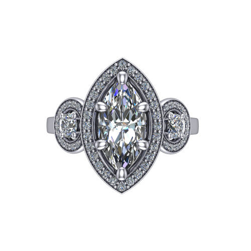 Colette marquise three-stone halo engagement ring in 14K White Gold, top-down view showing the marquise center halo flanked by two round side halos